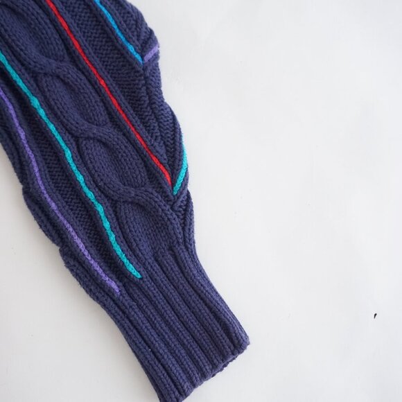 VTG Leo Chevalier Sport Navy Multicolor Stripe Cable Net 100% Cotton Cardigan M - Picture 2 of 9